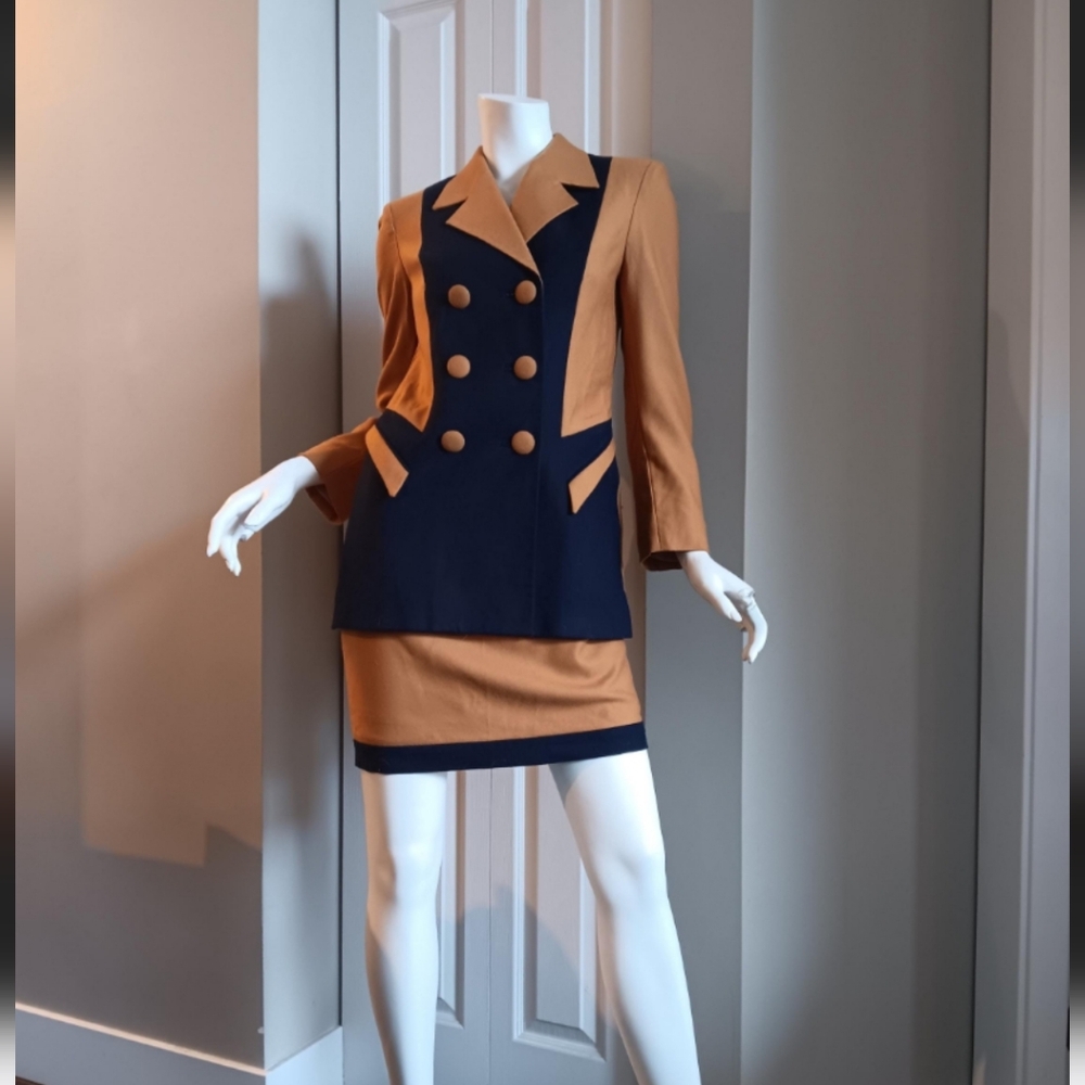 Stylish Tan and Navy Vintage Blazer Skirt Set